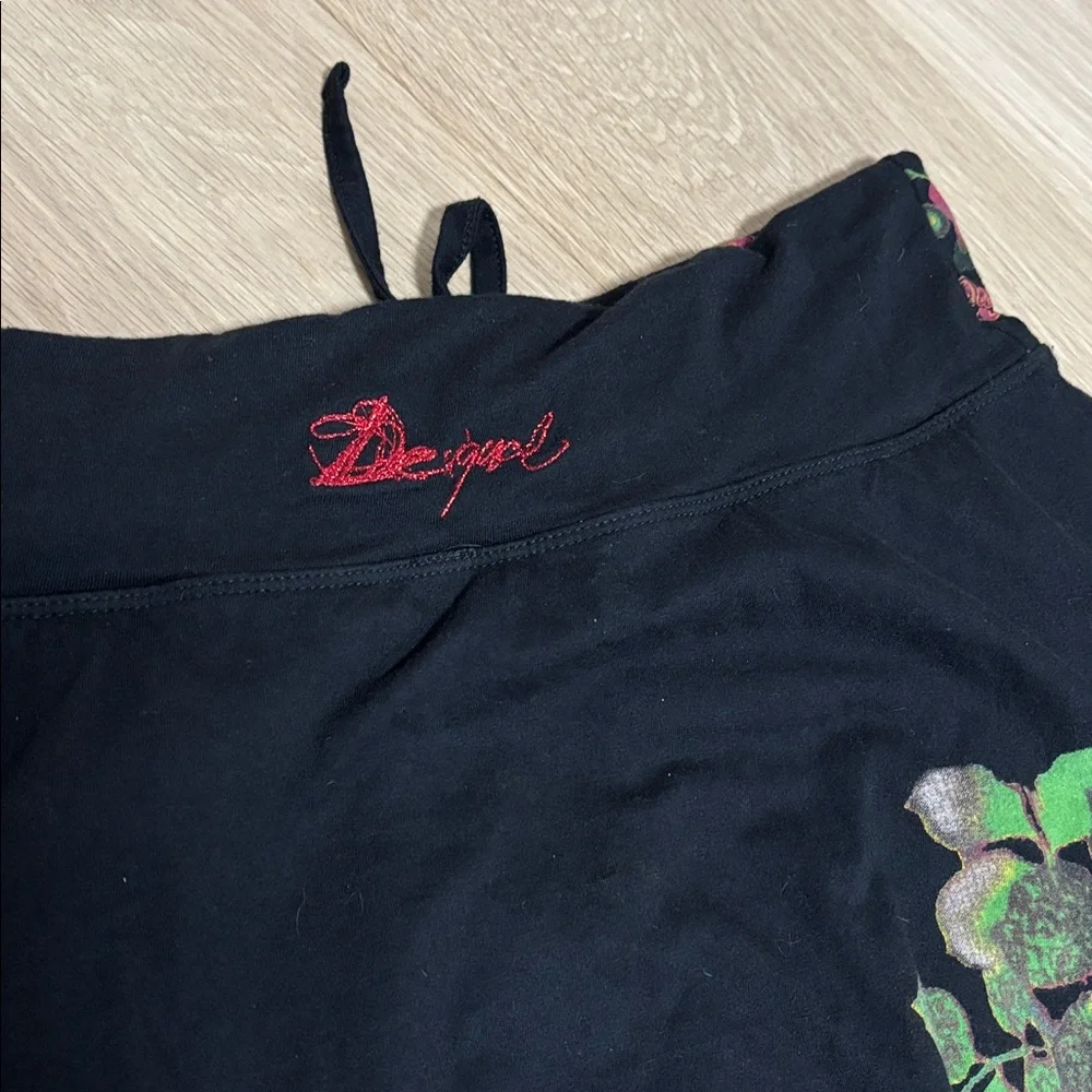 DESIGUAL (M) Balloon Floral Skirt Above Knee Elastic Waist Tie Soft Black - Picture 12 of 13